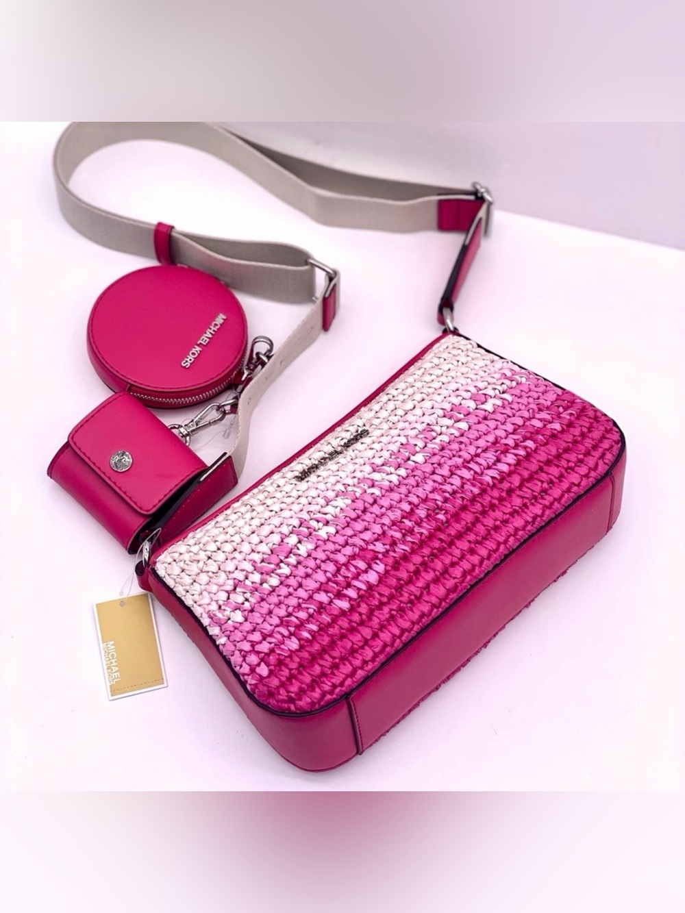 Michael Kors Jet Set Small Ombré Straw Crossbody Bag w/ Apple AirPods Case NWT - Picture 3 of 7